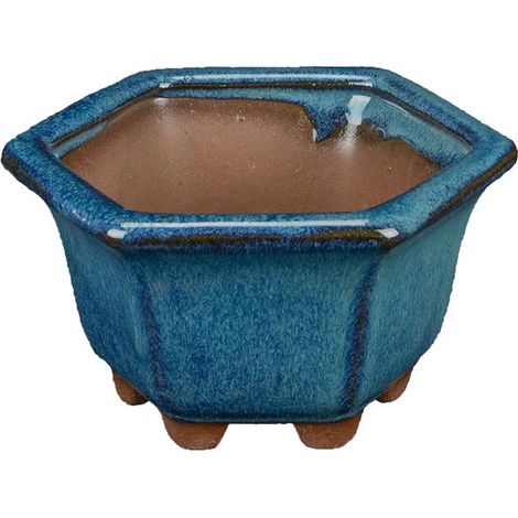 Vaso per bonsai esagonale in gres smaltato blu-verde scuro 9x9x5,5 cm - XC026
