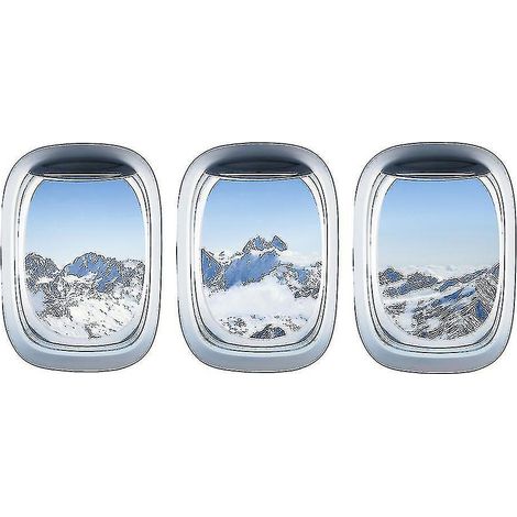 1 autocollant mural 3D combinant hublot, neige, montagne et paysage aérien, idéal pour chambre d'enfant ou maternelle.