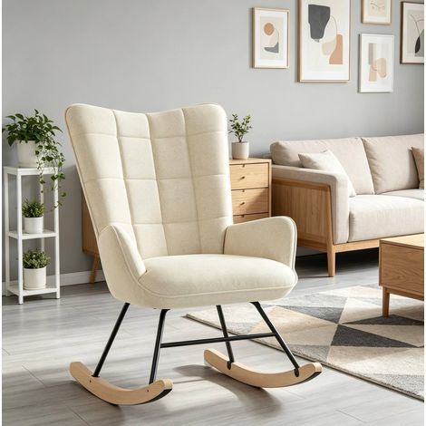 Poltrona a dondolo in velluto beige con schienale alto, seduta profonda, braccioli curvi, base in metallo e legno (1/5)