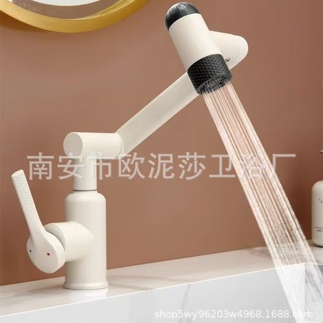 Robinet à bras mécanique rotatif omnidirectionnel, robinet surpresseur à double usage eau chaude/froide pour lavabo de cuisine et salle de bain - Blanc cassé
