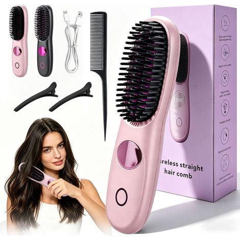 Mini Brosse Lissante, Portable Sans Fil électrique Anti-BrûLure Brosse Chauffante avec Affichage LCD Rrechargeable, pour Tous Les Types de Cheveux Convien und Voyage (1/5)