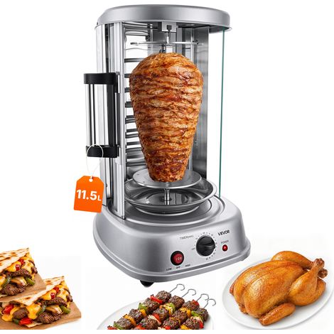 VEVOR Rotissoire Verticale Electrique 11,5 L, Machine a Kebab de Comptoir, pour Shawarma Restaurant, Minuterie 0-60 min et 190 ℃ Max, Gril a Gyros 1500 W, avec Lechefrite et Accessoires a Brochettes