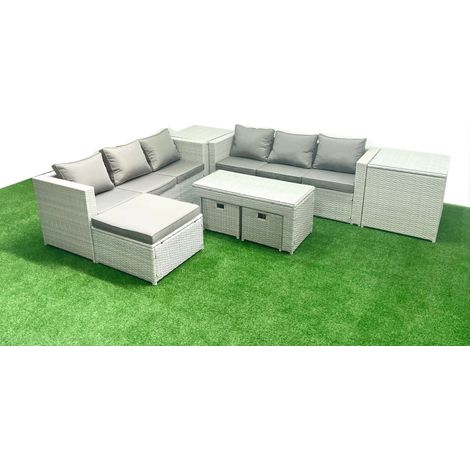 Fimous 9 places Salon de Jardin Extérieur Canapé de jardin en rotin Table basse oblongue avec 3 Tabourets 2 Tables d'appoint Gris clair mixte (1/5)