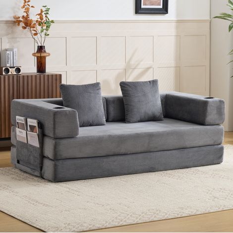 Canapé convertible 185x92,5x60 cm en tissu corduroy gris foncé, gain de place pour salon FloraGrace (1/5)