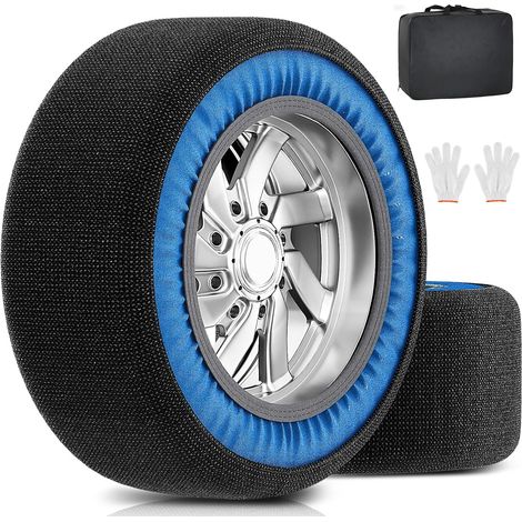 Lot de 2 chaussettes à neige pour voiture - En textile - Pour pneus de taille R14-R24 - adhérence - Chaînes à neige textile avec gants et sac de rangement pour les routes difficiles (1/5)