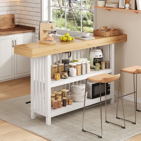 Tavolo da bar con poggiapiedi e 2 ripiani 160 x 40 x 105 cm in MDF bianco (1/5)