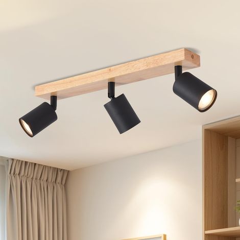 Plafonnier 3 Spots LED GU10, Luminaires Intérieur Noir, Plafonnier Bois avec Base Rectangulaire, Applique Murale Salon, Lustre Chambre(Sans Ampoules) (1/5)