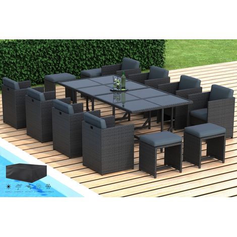 Hobag – Salon de jardin encastrable 12 places – Résine tressée noire – Coussins déhoussables imperméables – Table carrée avec plateau en verre