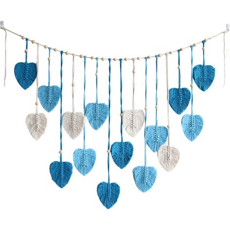 Décoration murale en macramé style bohème, guirlande décorative faite main de 120 cm et 16 feuilles (bleue) pour la chambre à coucher. (1/5)