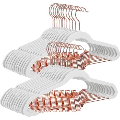 Cintres pour Pantalons, 24 pièces, 42 cm, cintres avec Pinces réglables et Crochet Couleur Or Rose, Cintre en Velours antidérapant, Peu encombrant, pour Jupes, Blanc (1/5)