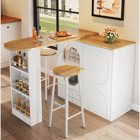 Bar-Set: Kücheninsel-Tisch mit Stauraum & 2 Barhockern, weiß, Holzoptik, mit Glas-Schranktüren & verstellbaren Regalen, belastbar bis 150kg pro Hocker (1/5)