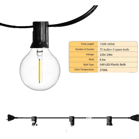 Guirnalda de luces LED G40 para jardín, luz blanca cálida de 2700K, bombillas de plástico, resistente al agua. (1/2)