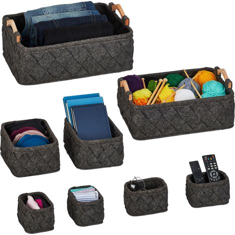 Relaxdays Wardrobe Organiser Set of 8, 4 Sizes, Felt, Drawer Organiser, Versatile Storage, Organiser Boxes, Dark Grey