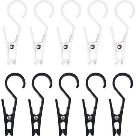 10 ganchos para tiendas de campaña con clips de plástico multifuncionales: clips para lonas de tiendas de campaña, toldos, luces colgantes y accesorios de camping (blanco y negro). (1/5)