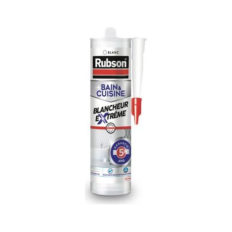 Rubson Mastic Bain & Cuisine Blancheur extrême, mastic étanche et anti-moisissures à base de silicone, mastic sanitaire blancheur longue durée, Cartouche de 280 ml (1/5)