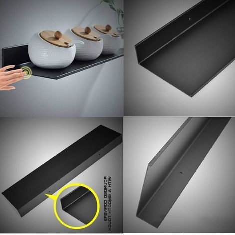 Tablette de salle de bain flottante en aluminium noir – Dimensions 30x12x4cm – Résistante à la rouille – Fixation par vis cachées (1/4)