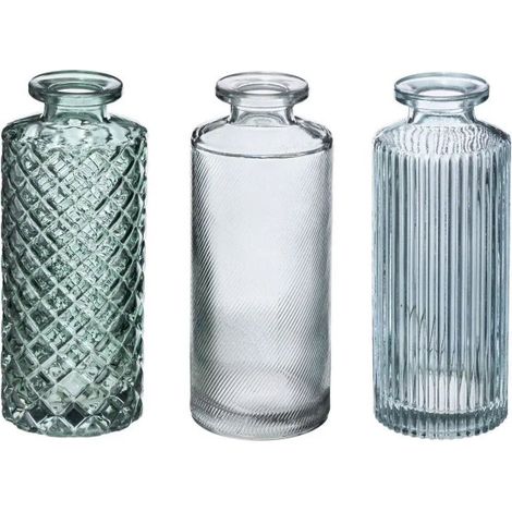 Atmosphera – Lot de 3 soliflores ronds en verre strié 13cm – Couleur verte – Décoration chic pour intérieur – Effet tendance