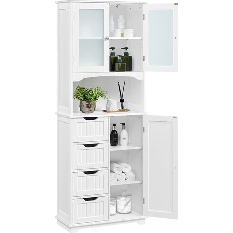 Homevive Armario de Baño de Almacenamiento Alto con 4 Cajones Armario con 2 Puertas de Vidrio Estante Ajustable Aparador de Cocina Blanca 60×30×165,5 cm (1/5)