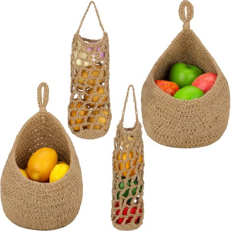 Lot de 4 paniers de rangement suspendus pour fruits et légumes, organisation de la cuisine, style bohème, kaki (1/4)