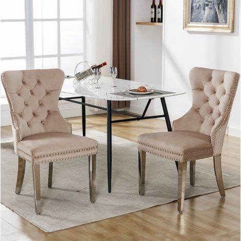 Lot de 2 chaises de salle à manger en velours beige, dossier avec boucle carrée, pieds métal et assise rembourrée, style élégant - CHICFURN (1/5)