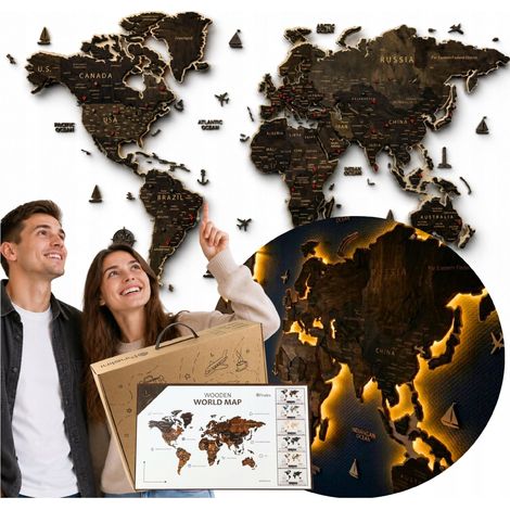 Carte du monde en bois avec effet LED 3D, 105 cm, valise avec drapeaux, cadeau détaillé (1/5)