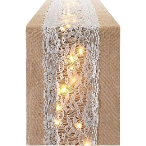 Lot de 2 chemins de table en jute avec lumières LED chaudes, décorations de table de mariage rustiques en dentelle, chemins de table en jute de style bohème champêtre (30275cm) (1/5)