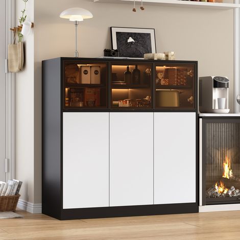 REDOM - Buffet - 100x40x105 cm - 6 portes - 14 compartiments - éclairage LED 24 couleurs - verre et panneau de particules - noir et blanc (1/5)