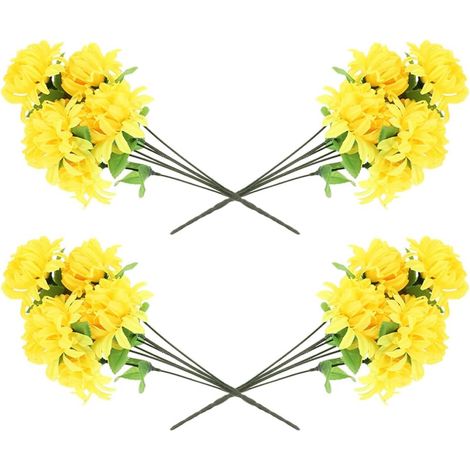 Lot de 4 Bouquets de Chrysanthèmes Artificiels Jaunes 7 Têtes par Bouquet Fleurs Commémoratives pour Décoration de Tombe Tiges Réalistes pour Cimetière Fleurs Artificielles (1/5)