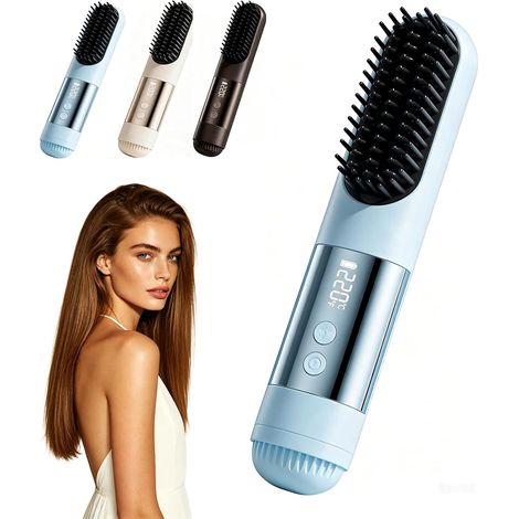Brosse Lissante Portable, Brosse Lissante pour Cheveux 3 Températures, Peigne Chauffant, Brosse Lissante Sans Fil, Ion Négatif, pour Femmes et Hommes, Voyage et Domicile (Bleu) (1/5)