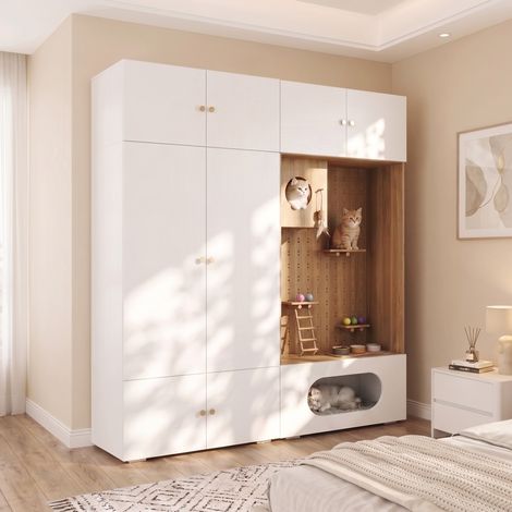 Armario ropero con espacio para gato, pared de escalada, cueva acolchada y barra para ropa, blanco y madera clara, 180 x 50 x 200 cm – CHICFURN para hogar (1/5)