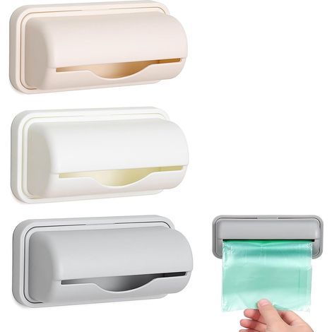 3-teiliges Set – Müllbeutelspender – Wandmontage – Robustes Kunststoffmaterial – Große Öffnung – Für Küche, Bad und Büro – Weiß, Grau, Apricot – 15 x 6,5 cm (1/5)