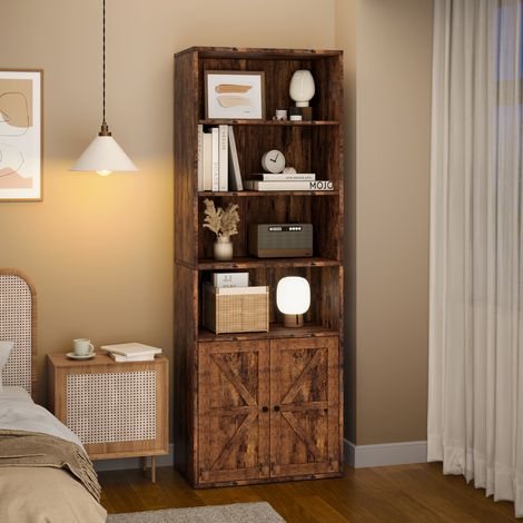 Bibliothèque 5 étages style farmhouse - Portes coulissantes verre - Rangement salon/bureau 180x80x30cm - Marron vintage (1/5)