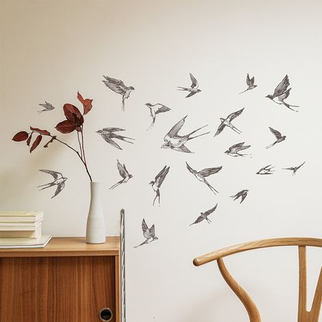 Sticker mural autocollant Oiseaux, hirondelles noir et blanc, 68x24cm, décoratif, dessiné à la main, décoration murale intérieure. (1/5)