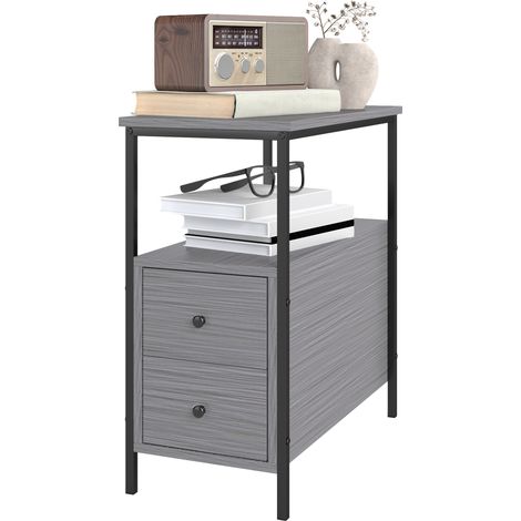 Side Table, Narrow Bedside Table with 2 Drawers Storage Shelf, Industrial End Table with Metal Frame for Small Spaces, Grey Wood Grain (1/5)
