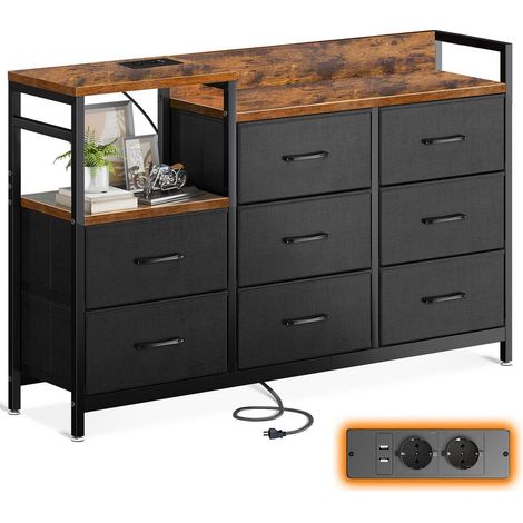 Commode 8 tiroirs tissu noir avec 2 ports USB et 2 prises AC, style vintage (1/5)