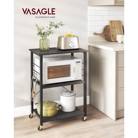 VASAGLE Estantería de Cocina con Ruedas, Carrito de Servicio de 3 Niveles, Estantería para Microondas, Horno, Tostadora, Marco de Metal con 6 Ganchos, Industrial, Ébano y Negro (1/5)