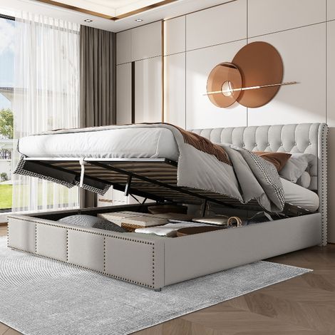 Polsterbett 180x200 cm mit Bettkasten und Lattenrost, Doppelbett aus Baumwolle-Leinen mit Hydraulikhebel und Nietenverzierung, Hellgrau (1/5)