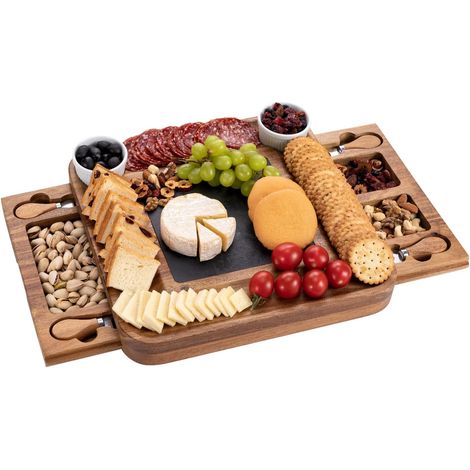 Plateau à fromage et charcuterie coulissant avec ensemble de couteaux - Plateau à vin et fromage, cadeau de pendaison de crémaillère et de mariage (1/5)