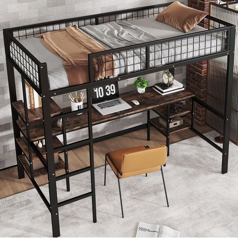 Lit mezzanine 90x200 cm noir métal et bois avec bureau et étagères (1/5)