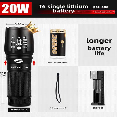 Ultrahelle, wiederaufladbare LED-Taschenlampe mit großer Reichweite, Mini-Gehäuse aus robuster Aluminiumlegierung (26650 20W-Batterie)
