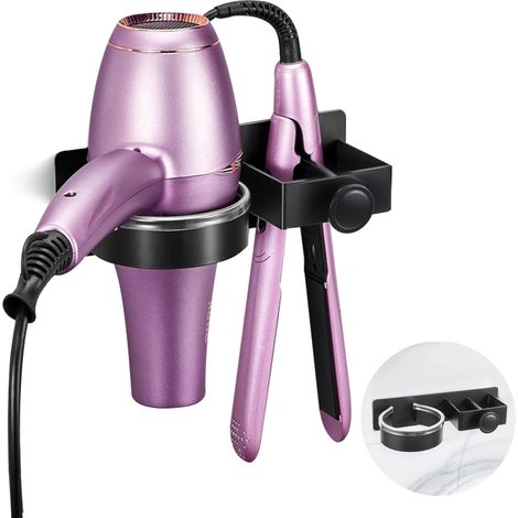 Supporto per piastra per capelli da parete, supporto per asciugacapelli da parete rinforzato, supporto per asciugacapelli in acciaio inox per il bagno, spazio per riporre gli strumenti per lo styling