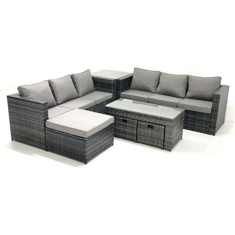 Fimous Garden Outdoor Rattan Furniture Set with Sofa Coffee table 3 Footstools Side Table Dark Grey Mixed (1/5)
