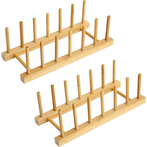 Lot de 2 égouttoirs en bois pour assiettes Porte-assiettes en bois pour planche à découper, couvercle, assiette, bol, tasses, 6 emplacements (1/5)
