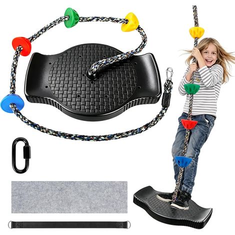 Balançoire en Corde d'escalade avec Plateforme et siège à Plateau Rond Balançoire avec cordes réglables, adaptée au jardin et à l'aire de jeux, Peut se tenir debout, s'asseoir ou grimper, Noir (1/5)