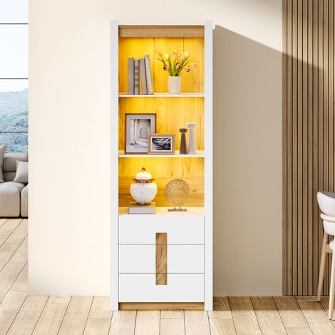 Vitrine blanche avec LED meuble colonne 63 x 41.5 x 200 cm - Bibliothèque 3 tiroirs et 3 compartiments ouverts pour salon (1/5)
