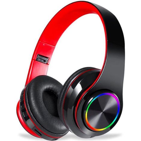 Écouteurs Bluetooth sans fil Lumières colorées / Pliables / Microphone intégré Bluetooth 5.0 / Portée de 10 m Noir et rouge (1/5)