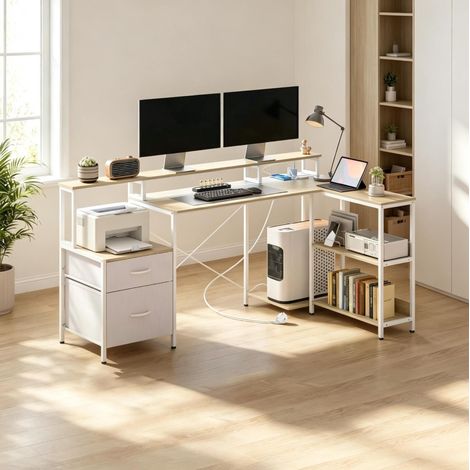 Bureau d'angle PC avec LED RGB, prises, support d'écran et 2 tiroirs (1/5)