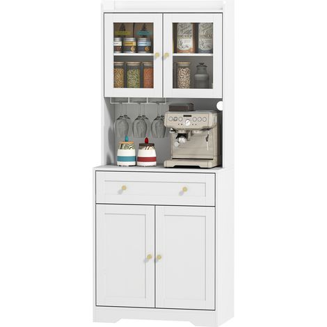Buffet de cuisine avec plan de travail, porte-verres, rangement pour vaisselle, cuisine et salle à manger, 170 cm, panneau de fibres, verre, blanc (1/5)