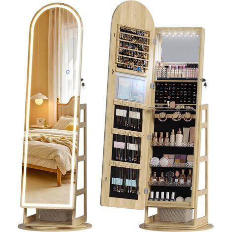 Armoire à Bijoux avec Arqué Miroir, Lumières LED, Pivotant, Bois (1/5)