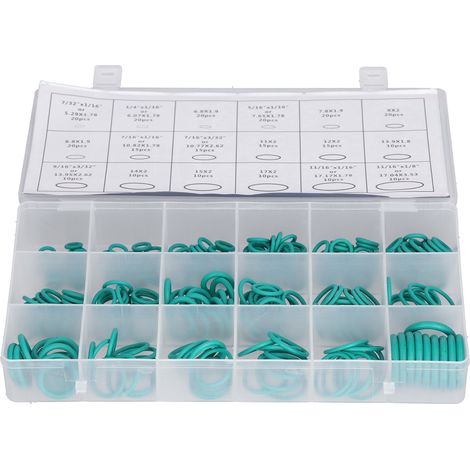 Assortiment de 270 joints toriques, rondelles et œillets en caoutchouc verts, 18 tailles différentes, pour réparation.